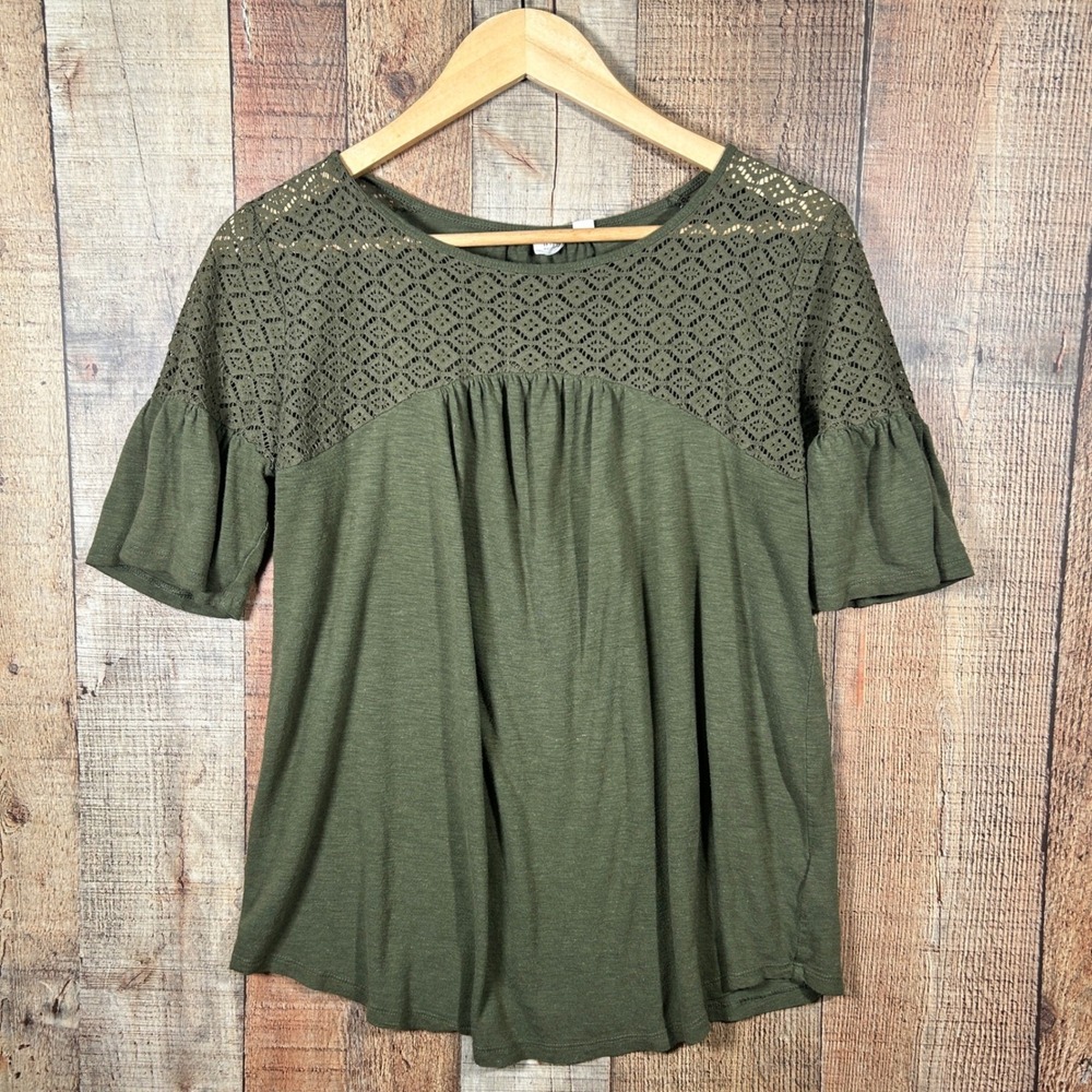 Gap Maternity Olive Green Crochet Lace Yoke Flutter Sleeve Top Medium Boho